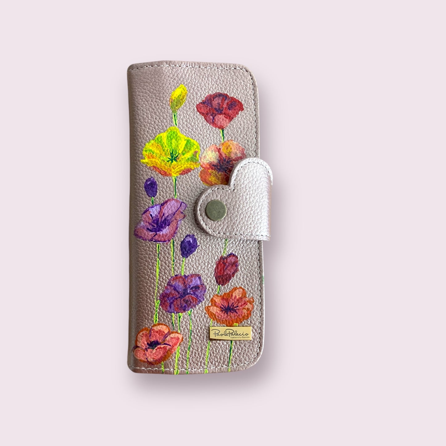 Pastillero viaje cuero oro rosa corazón. Pintado a mano - Pieza única.