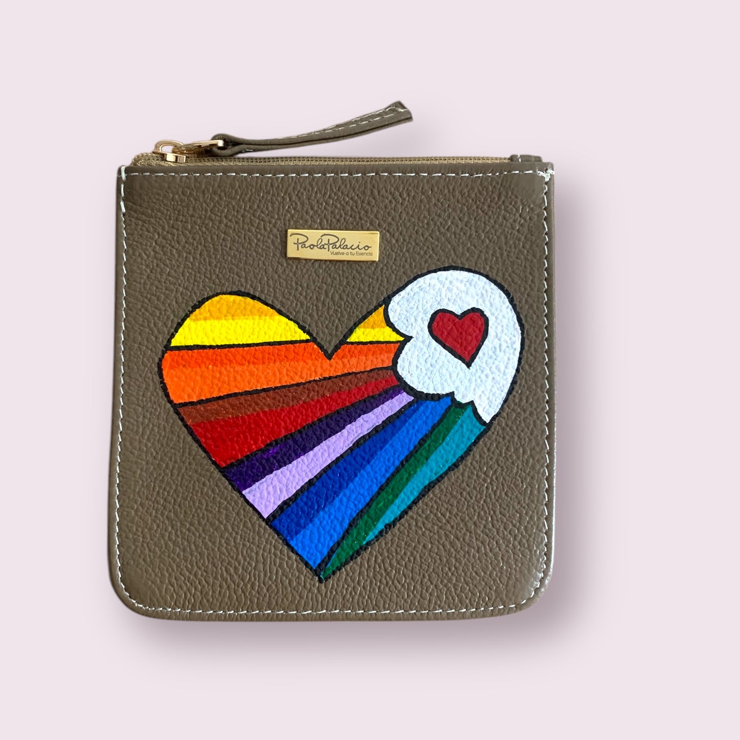 Monedero cuero taupe. Pintado a mano - Pieza única
