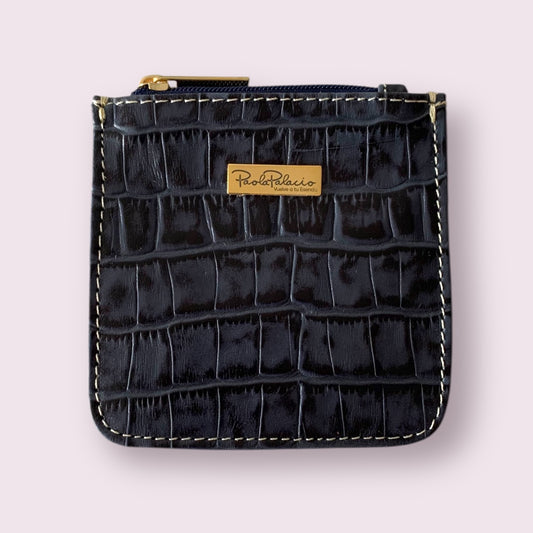 Monedero pequeño cuero azul oscuro grabado