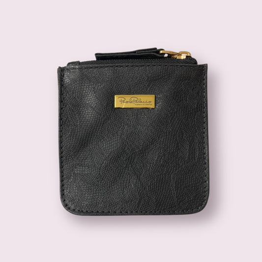 Monedero pequeño cuero negro grabado